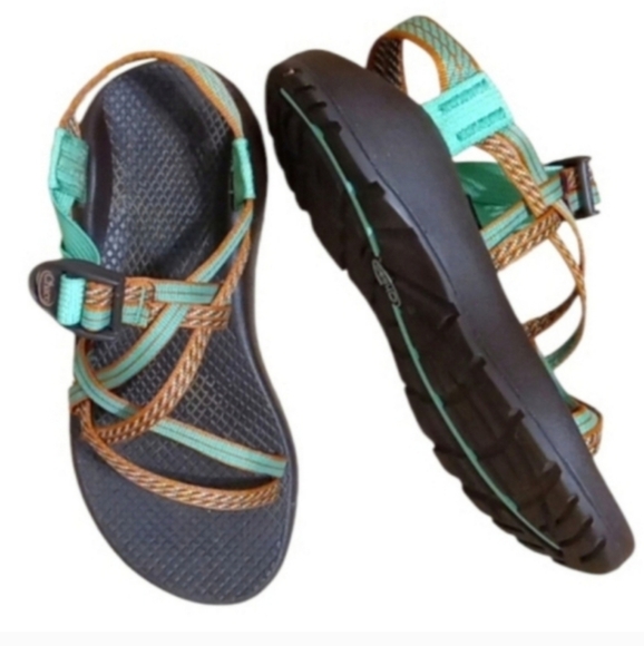 Chaco Sandals Green Tan Adjustable Strappy Nylon Upper Rugged Non Slip Soles - Picture 1 of 13